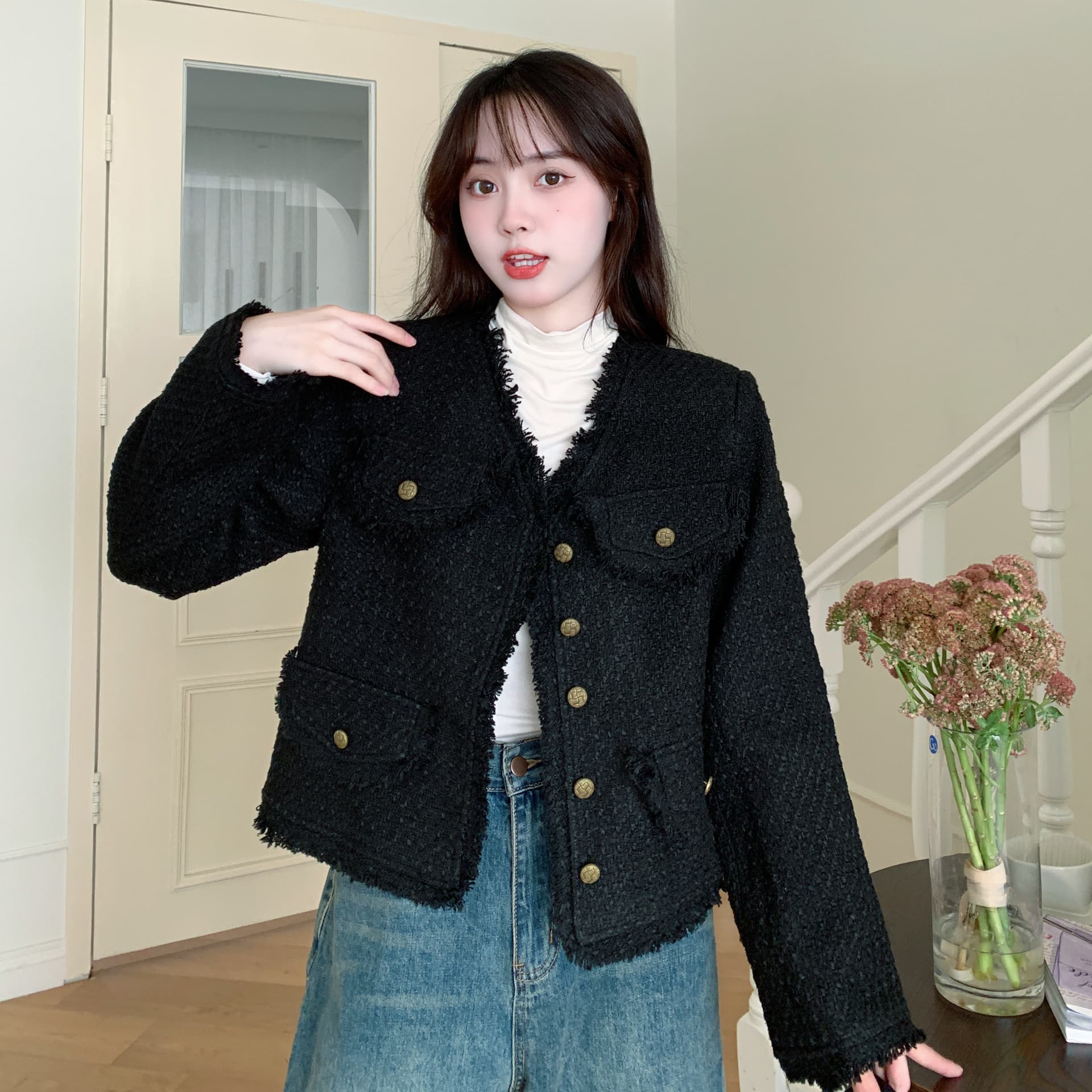 지방 mm 가을 겨울 한 부서 레트로 검정색 작은 샤넬 스타일 여성 코트 작은 대중 품격 고급 센스 솜을 넣은 두꺼운 맨위 여성