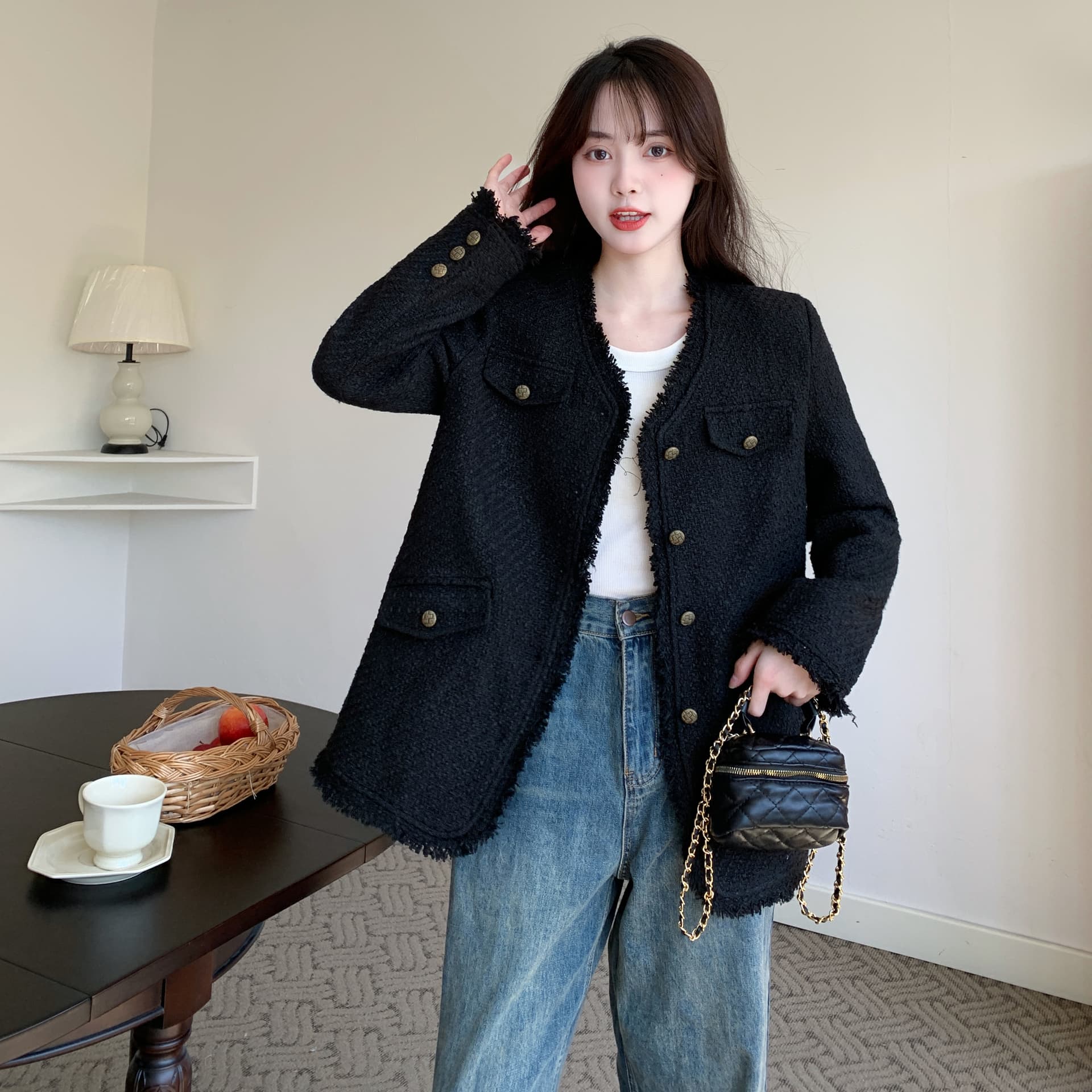 지방 mm 가을 겨울 한 부서 레트로 검정색 작은 샤넬 스타일 여성 코트 작은 대중 품격 고급 센스 솜을 넣은 두꺼운 맨위 여성 상세 이미지 24