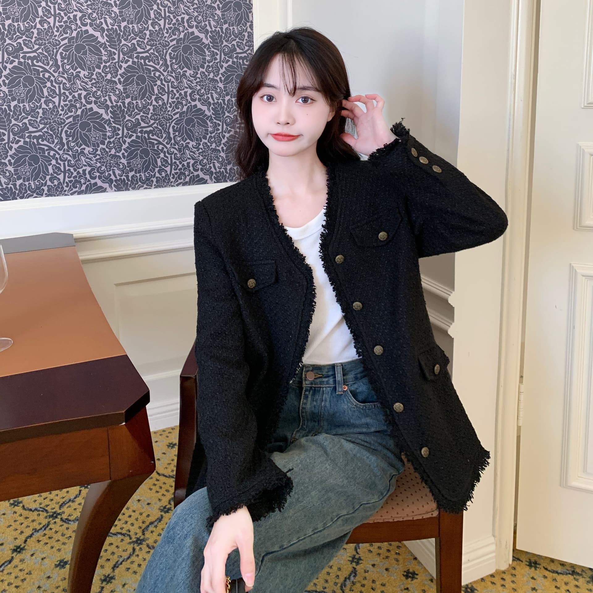 지방 mm 가을 겨울 한 부서 레트로 검정색 작은 샤넬 스타일 여성 코트 작은 대중 품격 고급 센스 솜을 넣은 두꺼운 맨위 여성 상세 이미지 26