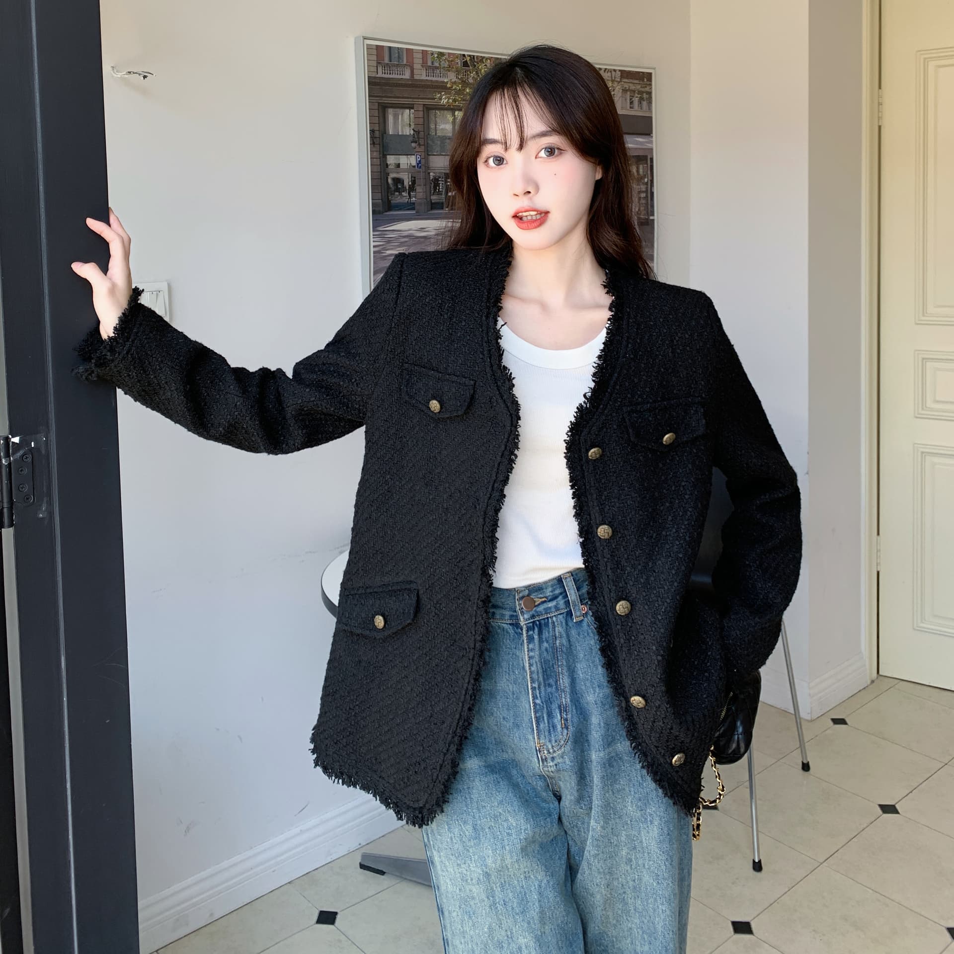 지방 mm 가을 겨울 한 부서 레트로 검정색 작은 샤넬 스타일 여성 코트 작은 대중 품격 고급 센스 솜을 넣은 두꺼운 맨위 여성 상세 이미지 30