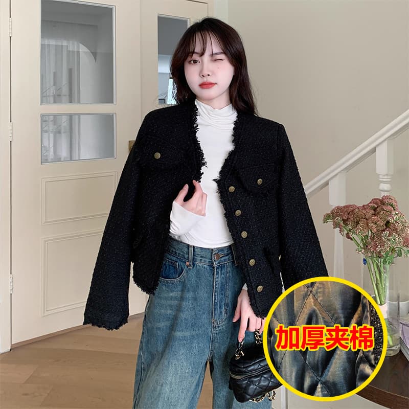 지방 mm 가을 겨울 한 부서 레트로 검정색 작은 샤넬 스타일 여성 코트 작은 대중 품격 고급 센스 솜을 넣은 두꺼운 맨위 여성 상세 이미지 34