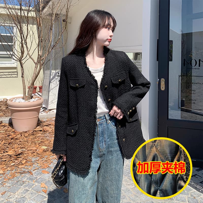 지방 mm 가을 겨울 한 부서 레트로 검정색 작은 샤넬 스타일 여성 코트 작은 대중 품격 고급 센스 솜을 넣은 두꺼운 맨위 여성 상세 이미지 35
