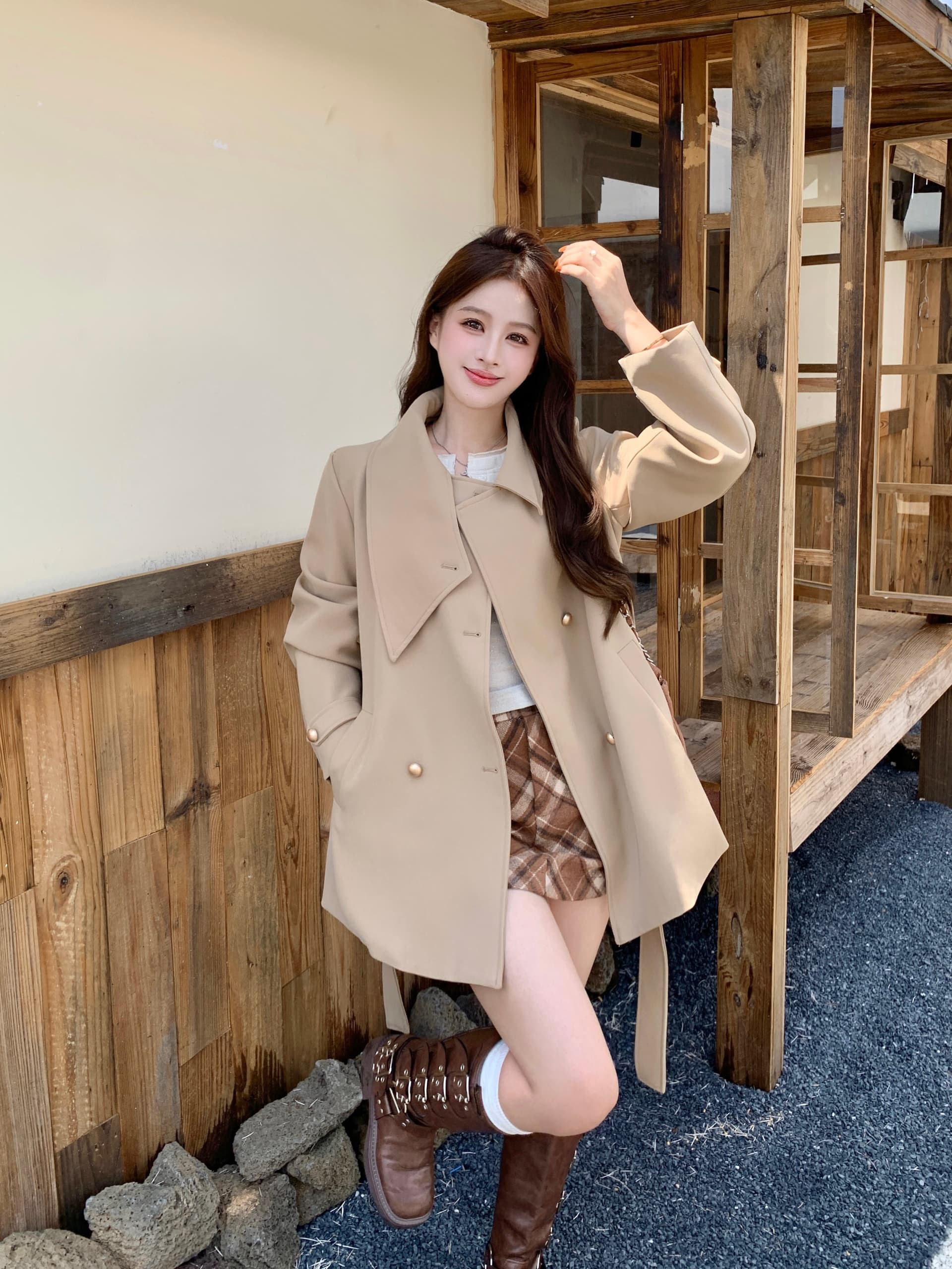 빅 사이즈 가을 한국 드라마 여성 주님 명문 여성 바람 인터넷 유명인 폭발 슬림해 보이는 목도리 디자인 검정색 재킷 재킷 여성 의류 코트 이미지 2
