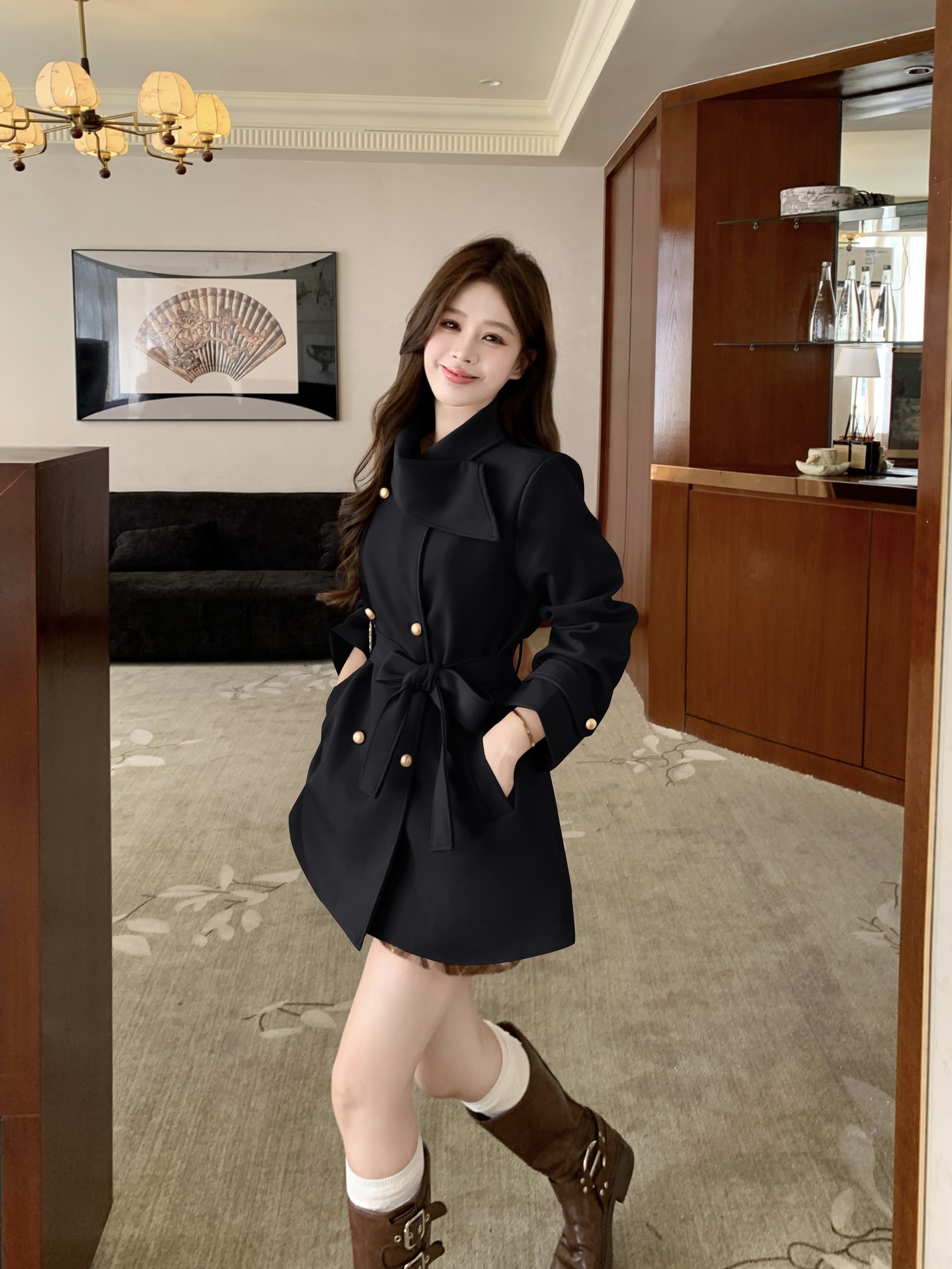 빅 사이즈 가을 한국 드라마 여성 주님 명문 여성 바람 인터넷 유명인 폭발 슬림해 보이는 목도리 디자인 검정색 재킷 재킷 여성 의류 코트 상세 이미지 8