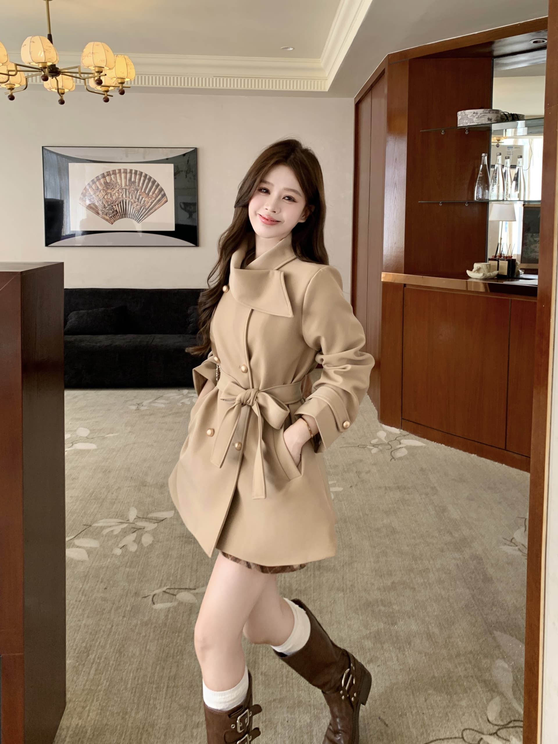 빅 사이즈 가을 한국 드라마 여성 주님 명문 여성 바람 인터넷 유명인 폭발 슬림해 보이는 목도리 디자인 검정색 재킷 재킷 여성 의류 코트 상세 이미지 12