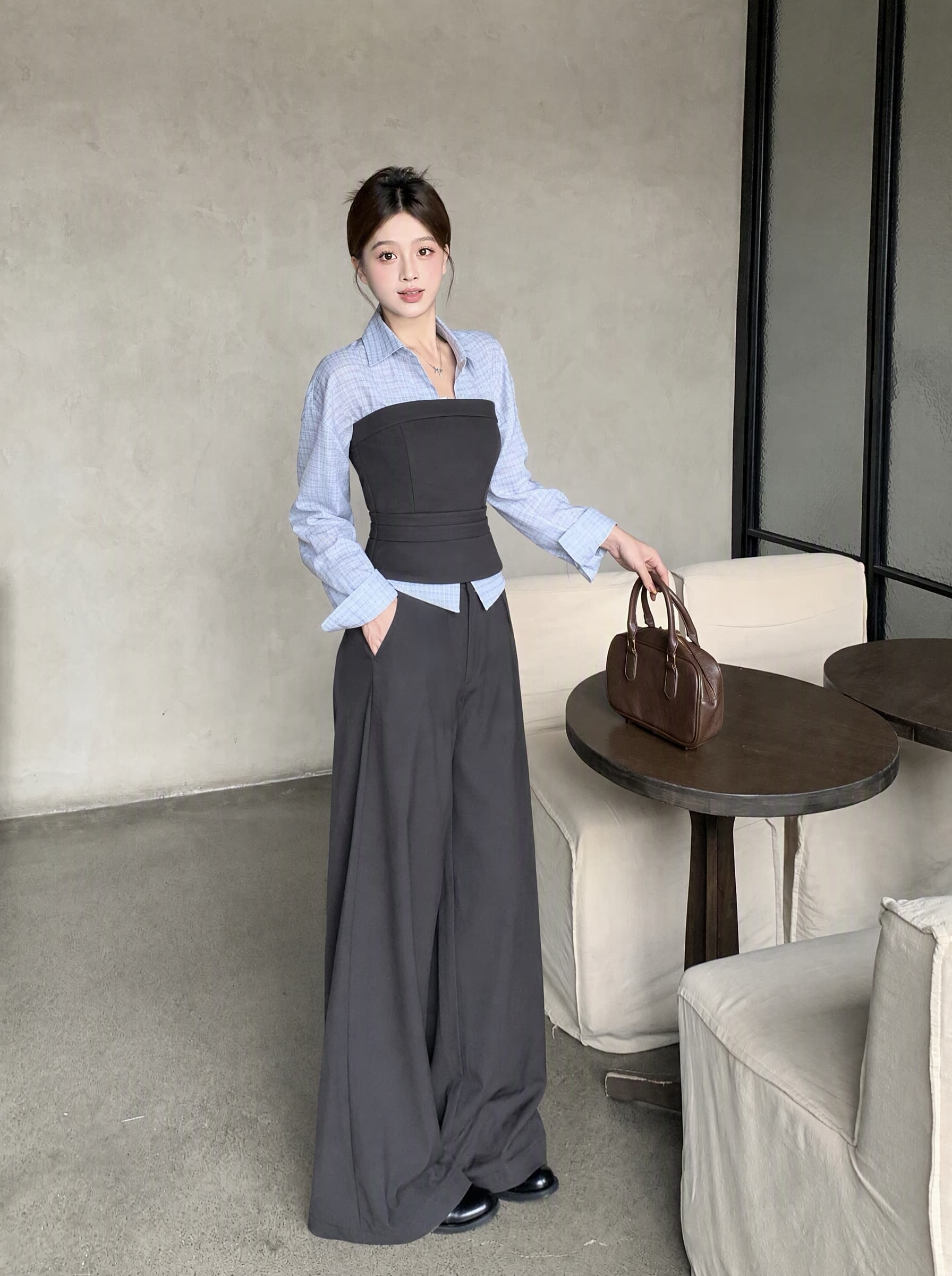빅 사이즈 2026 가을 겨울 새로운 회색 조정 도시 페이크 레이어드 셔츠 바지 투피스 세트 배색 허리 수축 슬림해 보이는 세트 상세 이미지 13