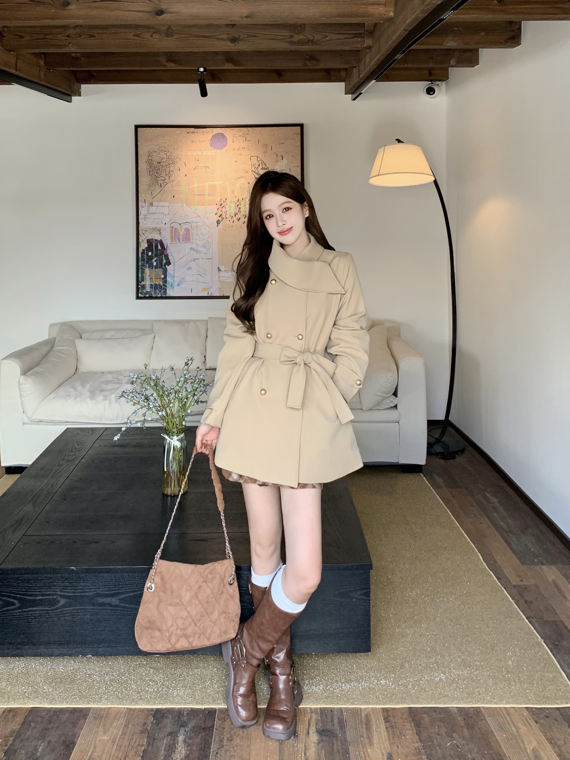 빅 사이즈 가을 한국 드라마 여성 주님 명문 여성 바람 인터넷 유명인 폭발 슬림해 보이는 목도리 디자인 커피 색상 재킷 재킷 여성 의류 코트 상세 이미지 10