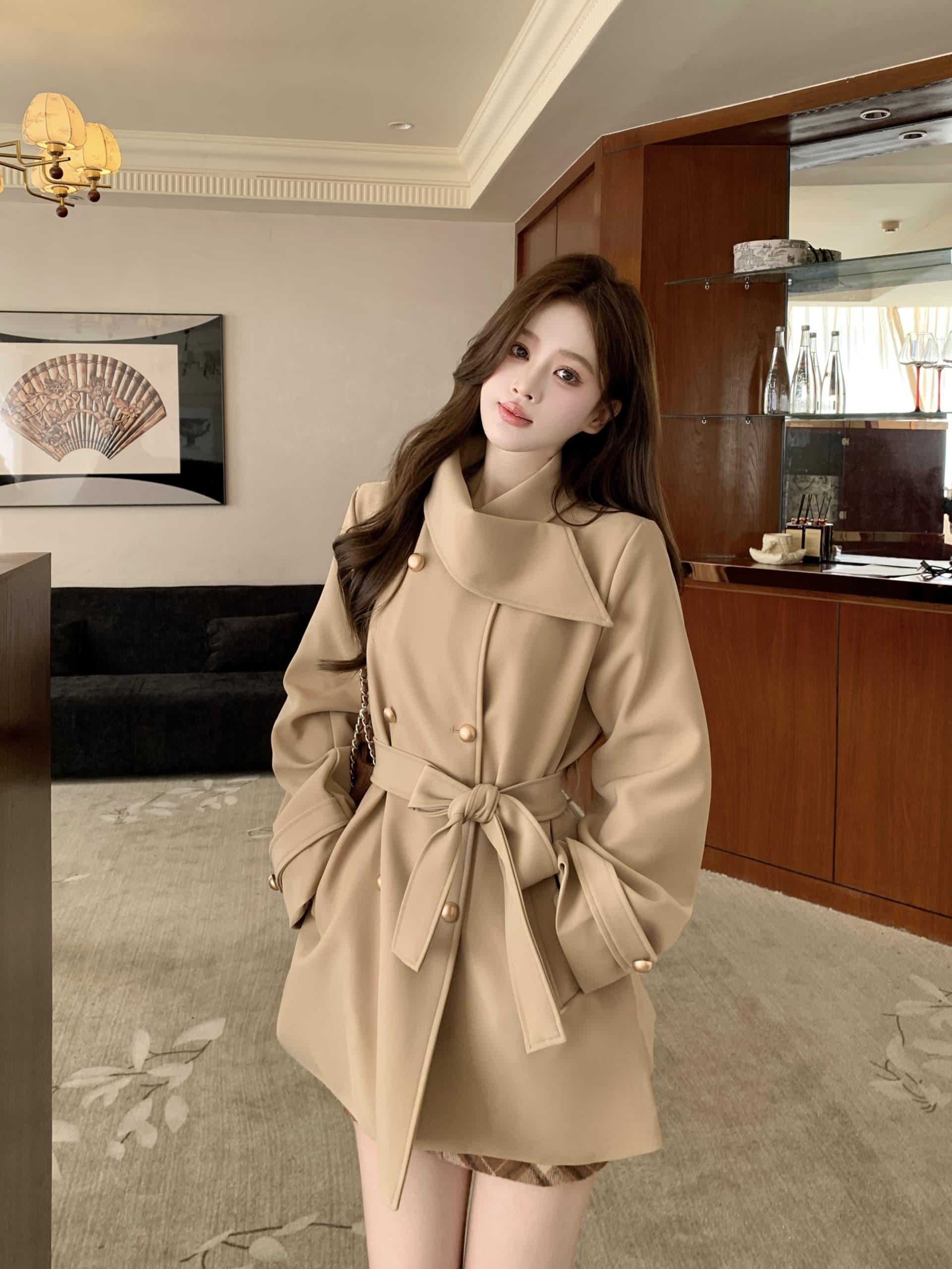 빅 사이즈 가을 한국 드라마 여성 주님 명문 여성 바람 인터넷 유명인 폭발 슬림해 보이는 목도리 디자인 커피 색상 재킷 재킷 여성 의류 코트 상세 이미지 11