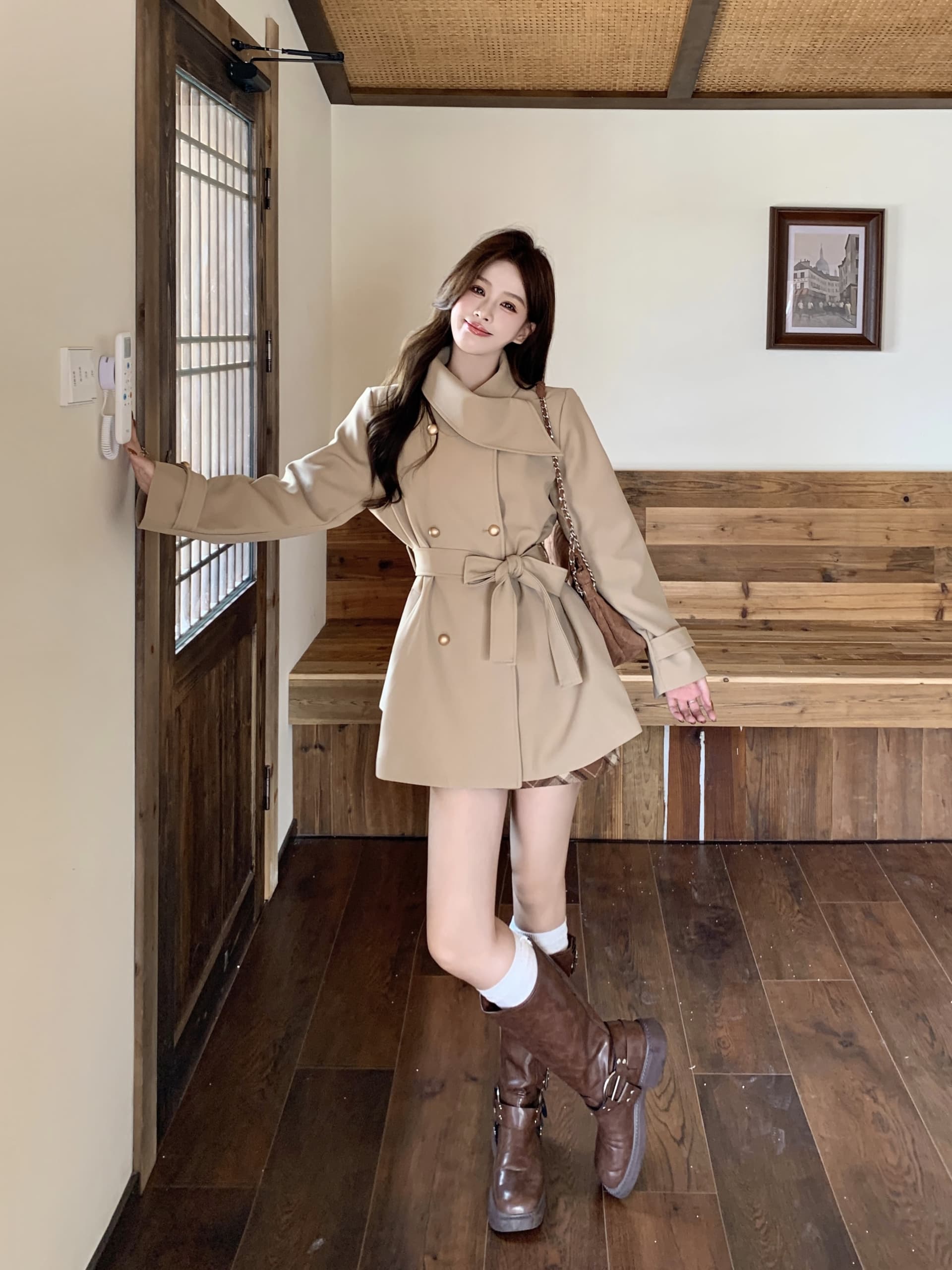 빅 사이즈 가을 한국 드라마 여성 주님 명문 여성 바람 인터넷 유명인 폭발 슬림해 보이는 목도리 디자인 커피 색상 재킷 재킷 여성 의류 코트 상세 이미지 13