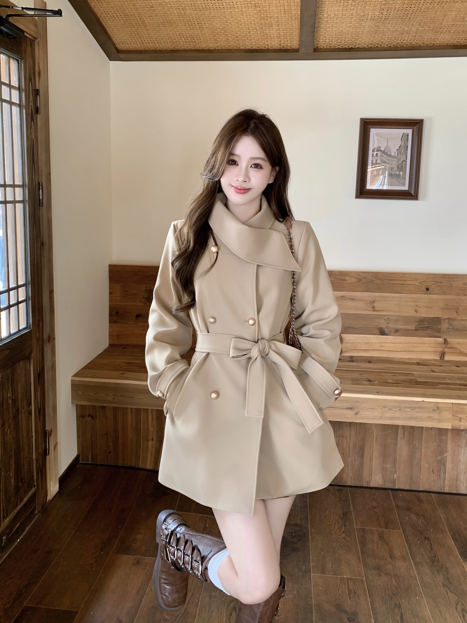빅 사이즈 가을 한국 드라마 여성 주님 명문 여성 바람 인터넷 유명인 폭발 슬림해 보이는 목도리 디자인 커피 색상 재킷 재킷 여성 의류 코트 상세 이미지 14