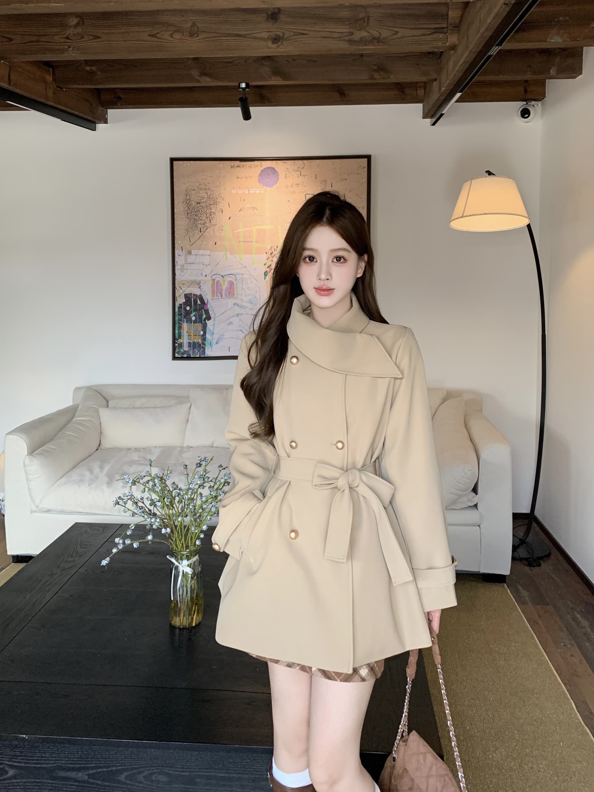 빅 사이즈 가을 한국 드라마 여성 주님 명문 여성 바람 인터넷 유명인 폭발 슬림해 보이는 목도리 디자인 커피 색상 재킷 재킷 여성 의류 코트 상세 이미지 15