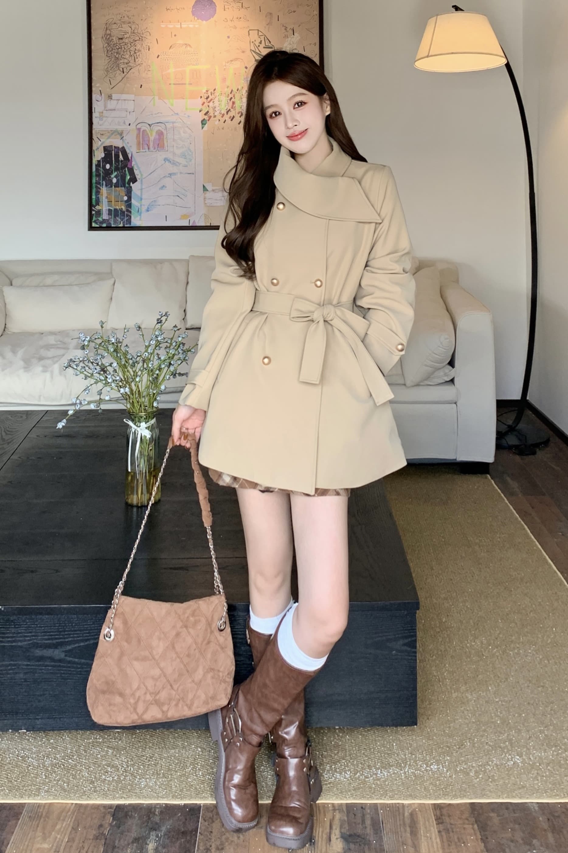 빅 사이즈 가을 한국 드라마 여성 주님 명문 여성 바람 인터넷 유명인 폭발 슬림해 보이는 목도리 디자인 커피 색상 재킷 재킷 여성 의류 코트 이미지 6