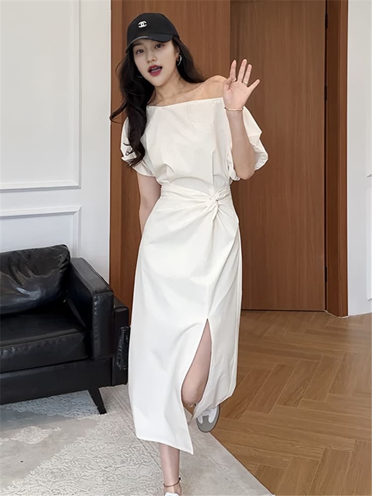 빅 사이즈 디자인 센스 비스듬한 오프숄더 품격 트임 여성 드레스 여름 지방 mm 허리 수축 배 모양 몸 슬림해 보이는 치마 이미지 5