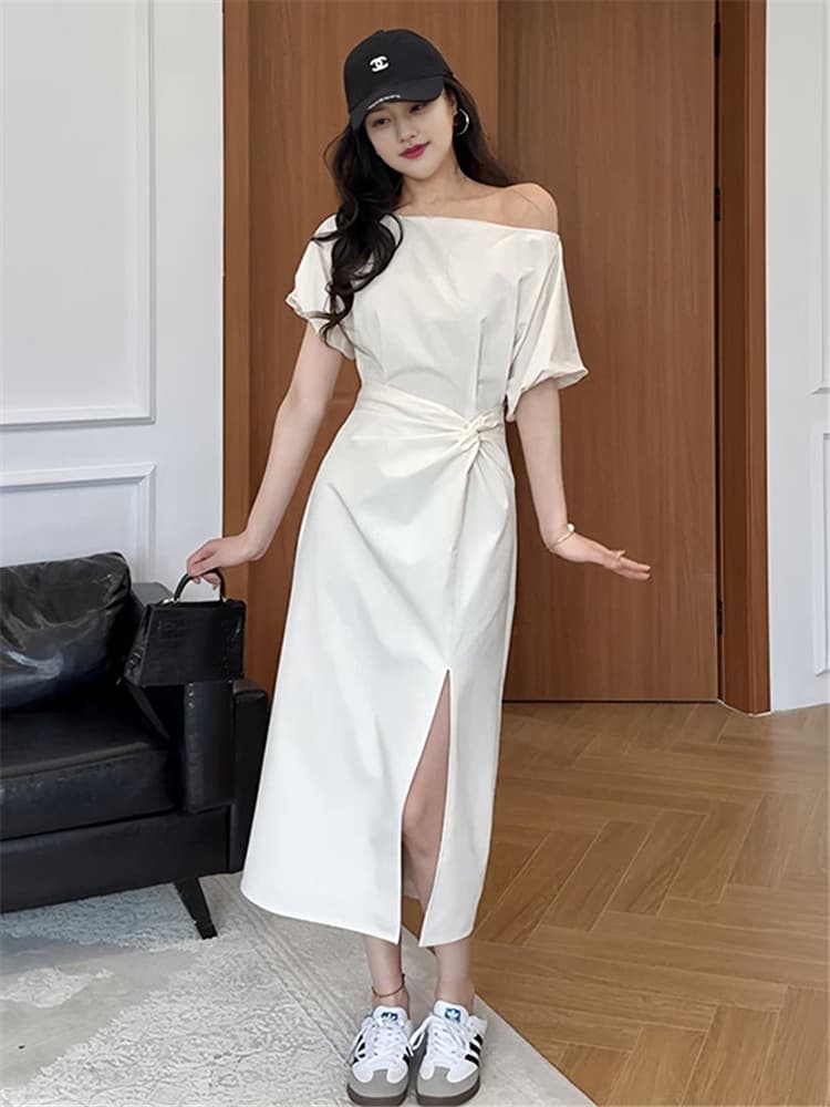 빅 사이즈 디자인 센스 비스듬한 오프숄더 품격 트임 여성 드레스 여름 지방 mm 허리 수축 배 모양 몸 슬림해 보이는 치마 이미지 3