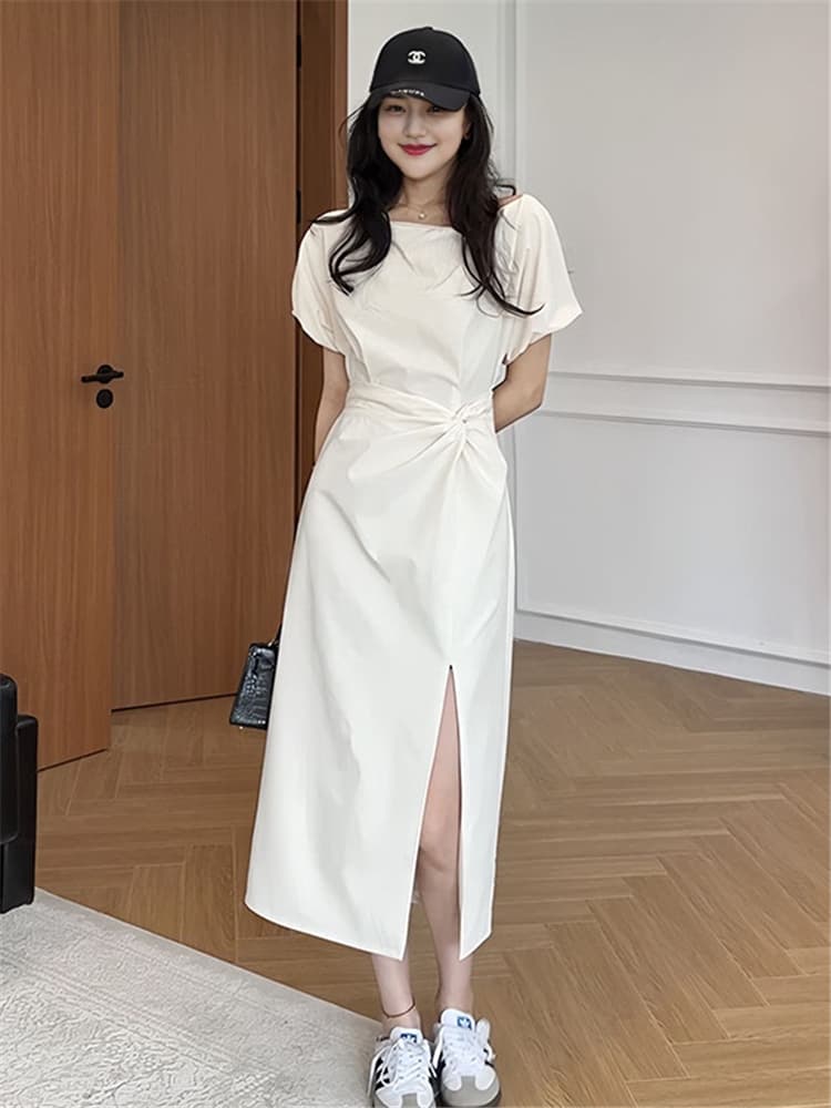 빅 사이즈 디자인 센스 비스듬한 오프숄더 품격 트임 여성 드레스 여름 지방 mm 허리 수축 배 모양 몸 슬림해 보이는 치마 상세 이미지 6