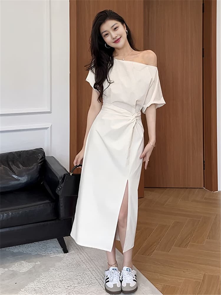 빅 사이즈 디자인 센스 비스듬한 오프숄더 품격 트임 여성 드레스 여름 지방 mm 허리 수축 배 모양 몸 슬림해 보이는 치마 이미지 2