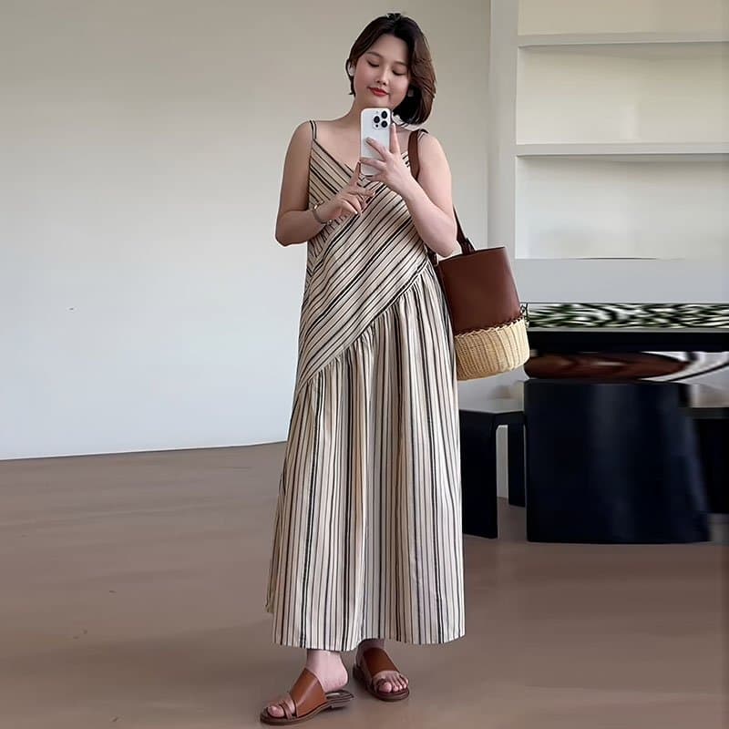 빅 사이즈 보헤미안 바람 스트라이프 슬립 여성 드레스 여름 지방 mm 루즈핏 슬림해 보이는 레트로 슈퍼 잘 생긴 치마 이미지 4