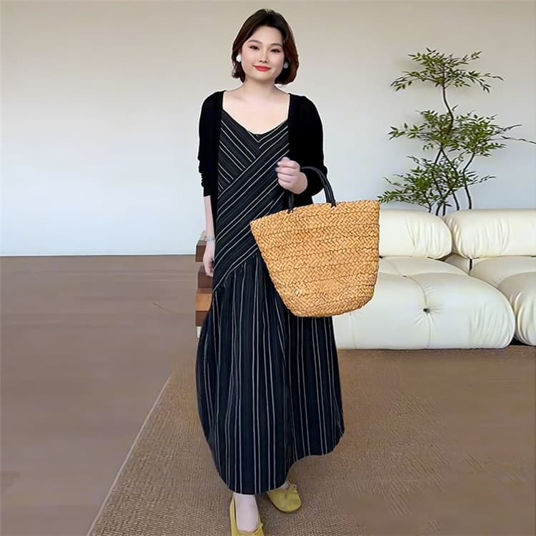 빅 사이즈 보헤미안 바람 스트라이프 슬립 여성 드레스 여름 지방 mm 루즈핏 슬림해 보이는 레트로 슈퍼 잘 생긴 치마 상세 이미지 3
