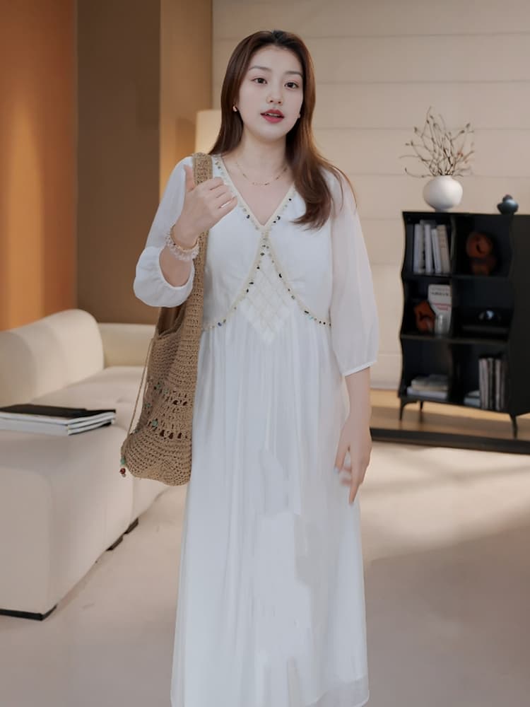 빅 사이즈 여성 의류 웨스트 쌀 아시아 인 바람 쌀 살구 색상 드레스 마이크로 지방 mm 배 모양 표지 넓적 다리 허리밴드 롱 스커트 상세 이미지 3