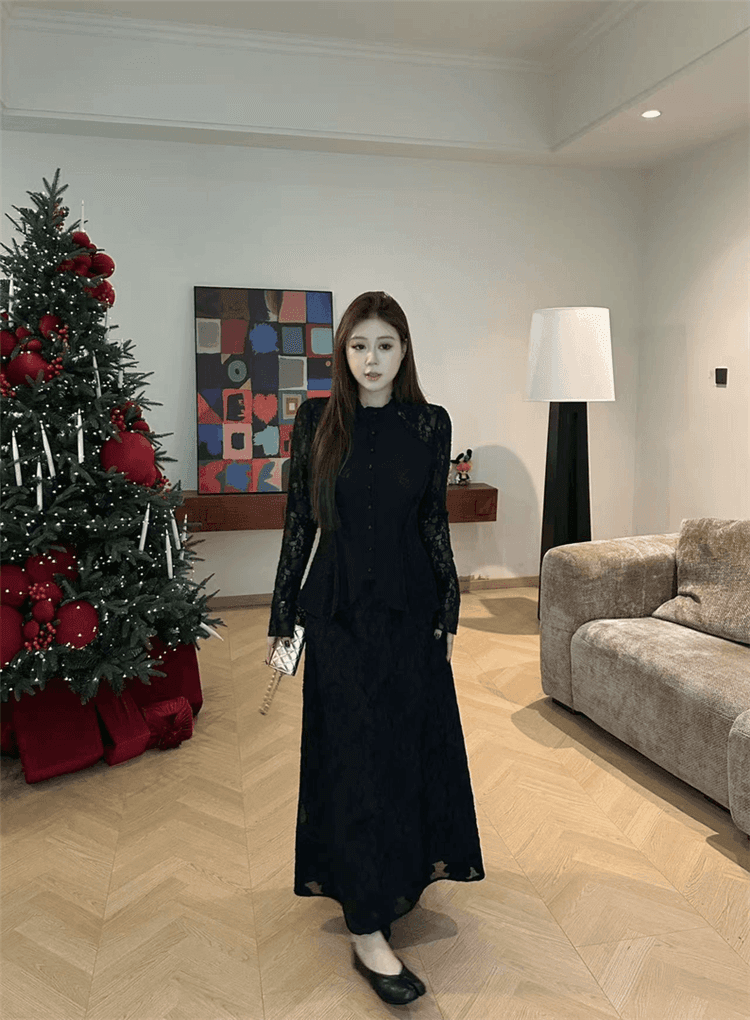 프랑스식 레이스 조각 맨위 반신 치마 세트 상세 이미지 4
