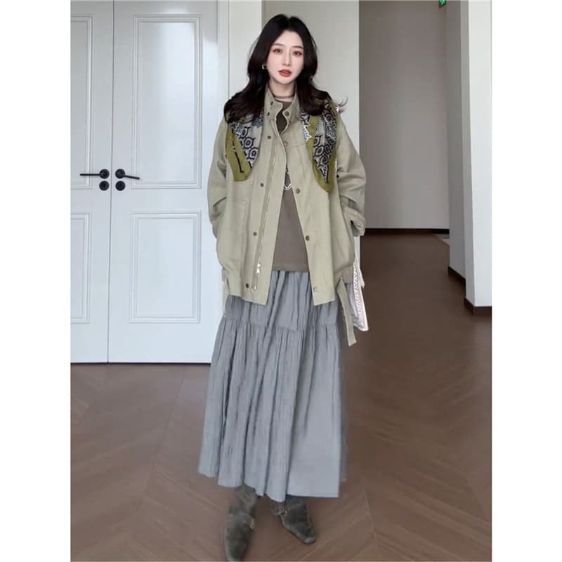 한 부서 디자인 센스 스탠드 칼라 바람막이 짧은 여성 코트 봄 루즈핏 슬림해 보이는 다용도 패션 녹색 재킷 맨위 트렌디 이미지 5