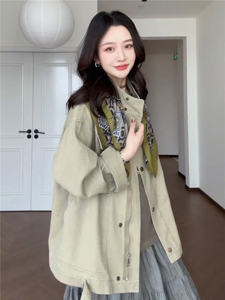 한 부서 디자인 센스 스탠드 칼라 바람막이 짧은 여성 코트 봄 루즈핏 슬림해 보이는 다용도 패션 녹색 재킷 맨위 트렌디 상세 이미지 4