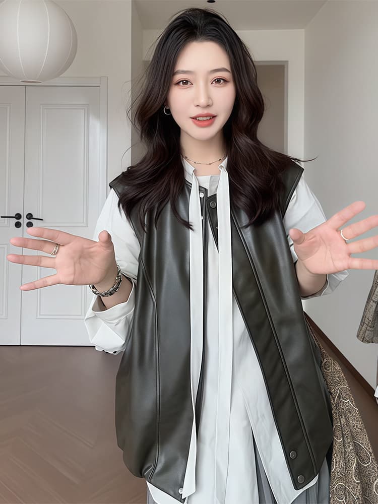 세련된 외국 가스 개성 스탠드 칼라 가죽 재킷 조끼 여자 2026 이른 봄 새로운 루즈핏 슬림해 보이는 지퍼 조끼 조끼 상세 이미지 2
