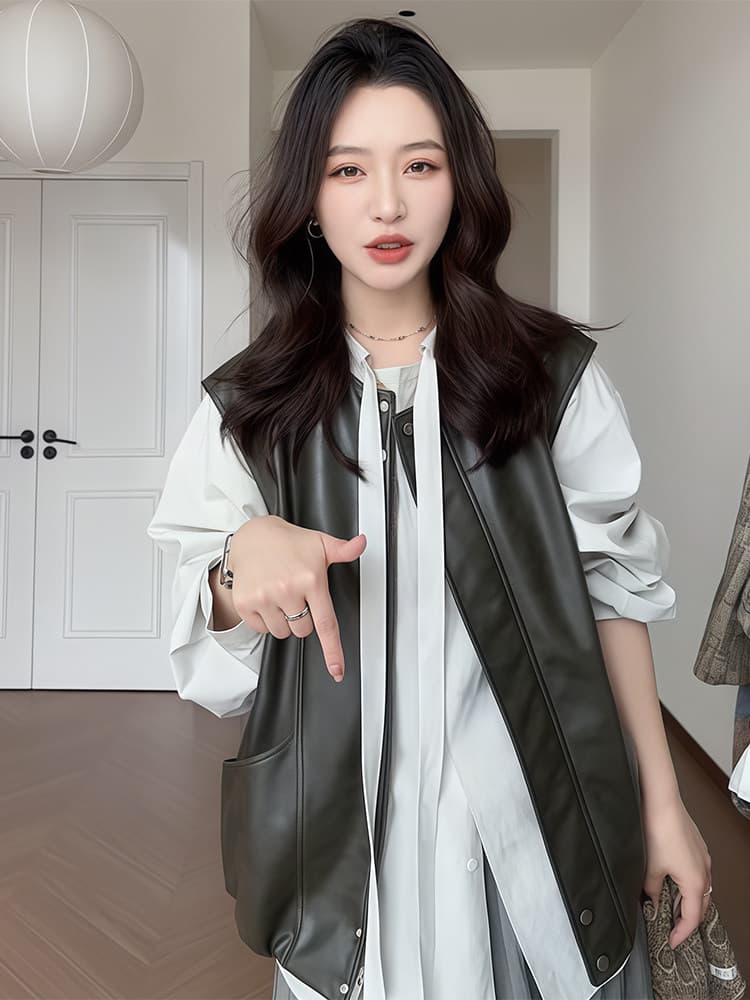 세련된 외국 가스 개성 스탠드 칼라 가죽 재킷 조끼 여자 2026 이른 봄 새로운 루즈핏 슬림해 보이는 지퍼 조끼 조끼 상세 이미지 3