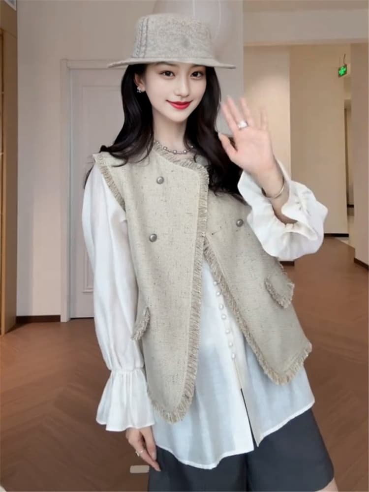 빅 사이즈 여성 의류 프랑스식 품격 플리츠 자외선 차단 셔츠 이른 봄 새로운 맨위 루즈핏 표지 배 나팔 소매 셔츠 상세 이미지 5