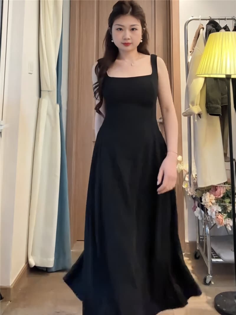 빅 사이즈 여성 의류 광장 칼라 하이웨이스트 대 치마 슬립 작은 검은 드레스 봄 여름 지방 mm 자이언트 슬림해 보이는 인사이드 가져 가라. 외출용 드레스 이미지 2