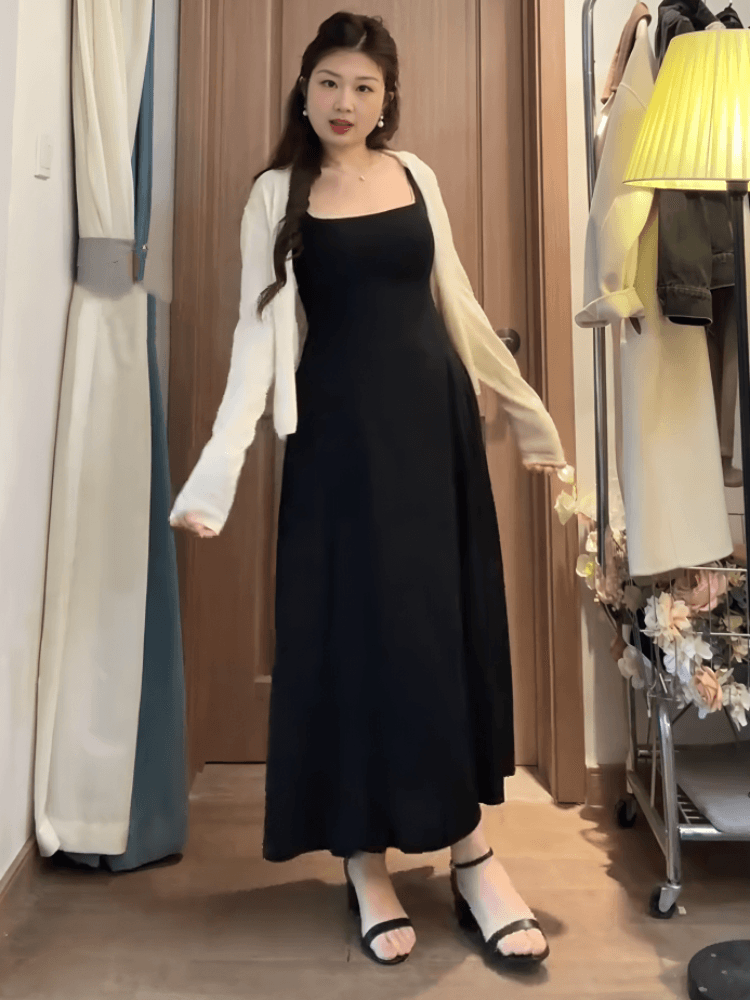 빅 사이즈 여성 의류 광장 칼라 하이웨이스트 대 치마 슬립 작은 검은 드레스 봄 여름 지방 mm 자이언트 슬림해 보이는 인사이드 가져 가라. 외출용 드레스 상세 이미지 4