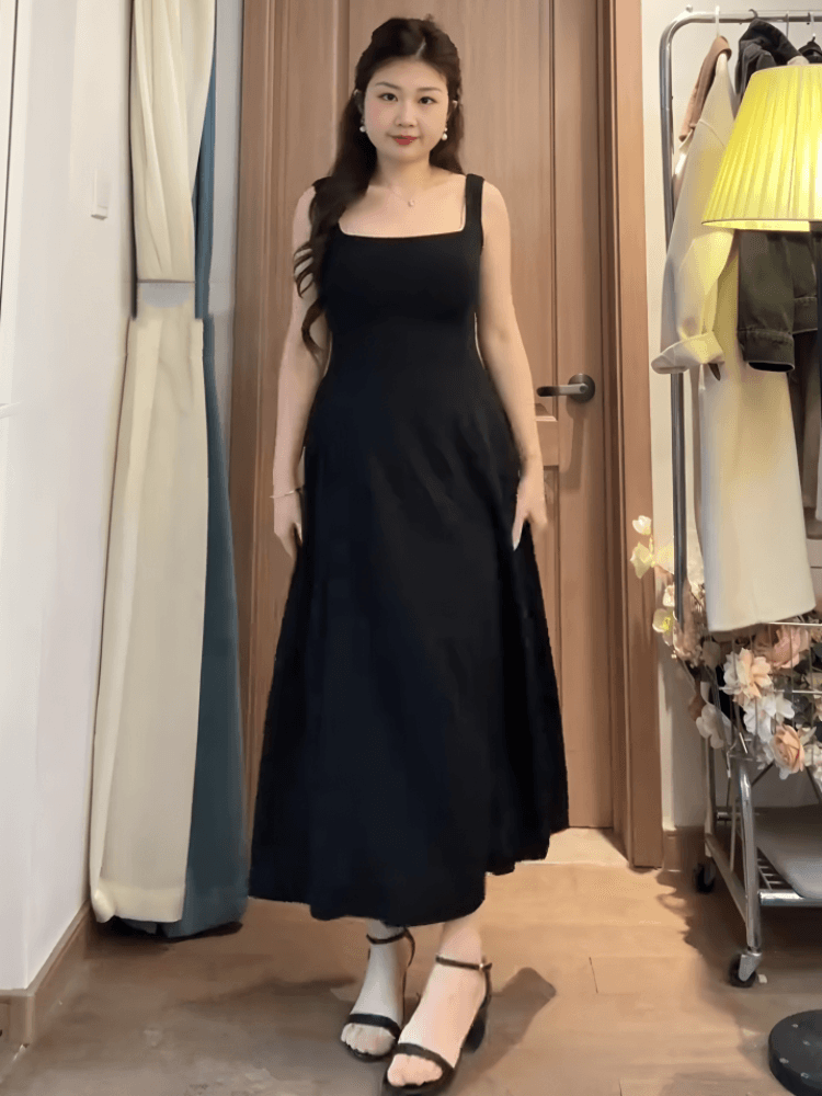 빅 사이즈 여성 의류 광장 칼라 하이웨이스트 대 치마 슬립 작은 검은 드레스 봄 여름 지방 mm 자이언트 슬림해 보이는 인사이드 가져 가라. 외출용 드레스 상세 이미지 5