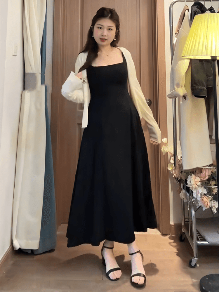 빅 사이즈 여성 의류 광장 칼라 하이웨이스트 대 치마 슬립 작은 검은 드레스 봄 여름 지방 mm 자이언트 슬림해 보이는 인사이드 가져 가라. 외출용 드레스 상세 이미지 6
