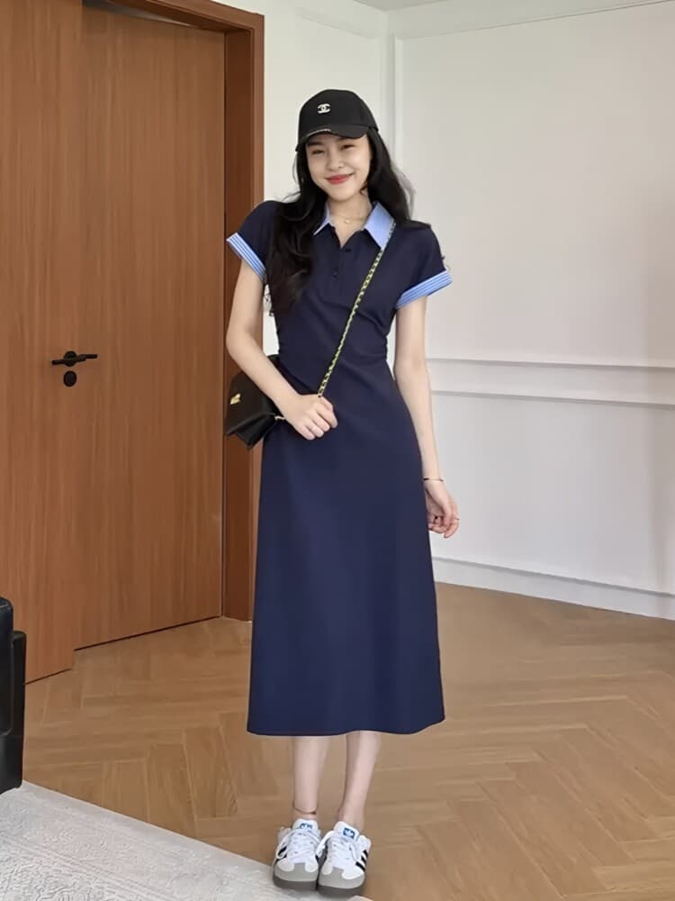 빅 사이즈 치마 새로운 한 부서 배색 POLO 칼라 드레스 여성 의류 얇은 스타일 지방 mm 하이웨이스트 슬림해 보이는 꼬집기 허리 롱 스커트 이미지 5