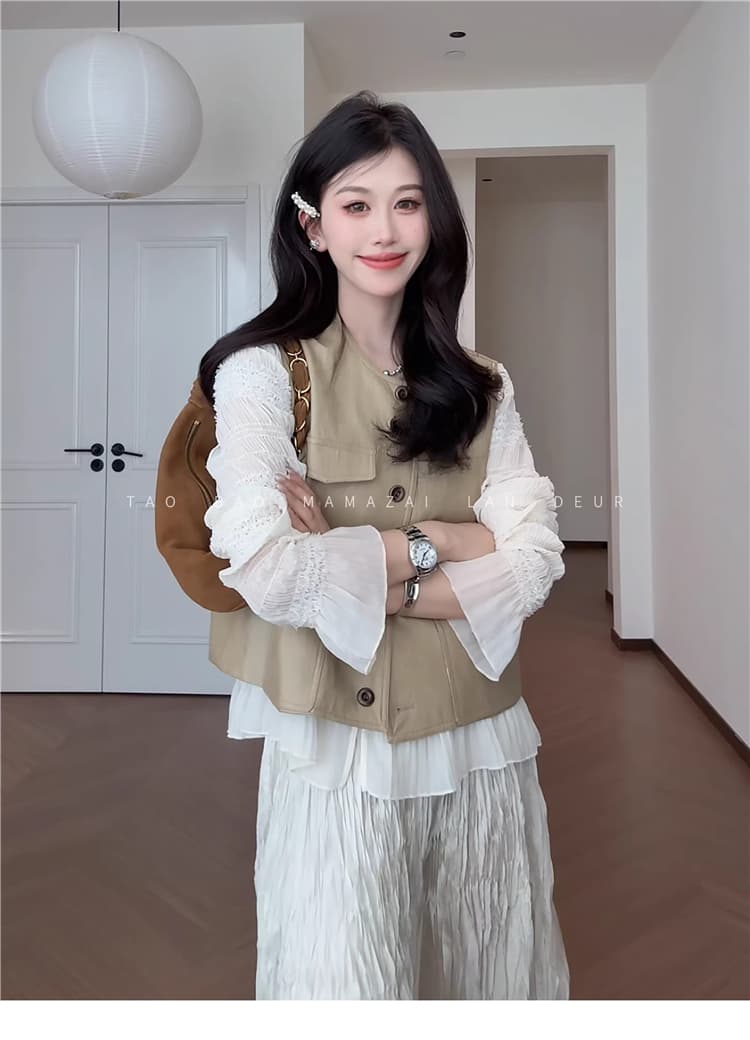 한 부서 쇼트 스타일 패션 라운드 넥 캐주얼 다용도 베스트 맨위 상세 이미지 2