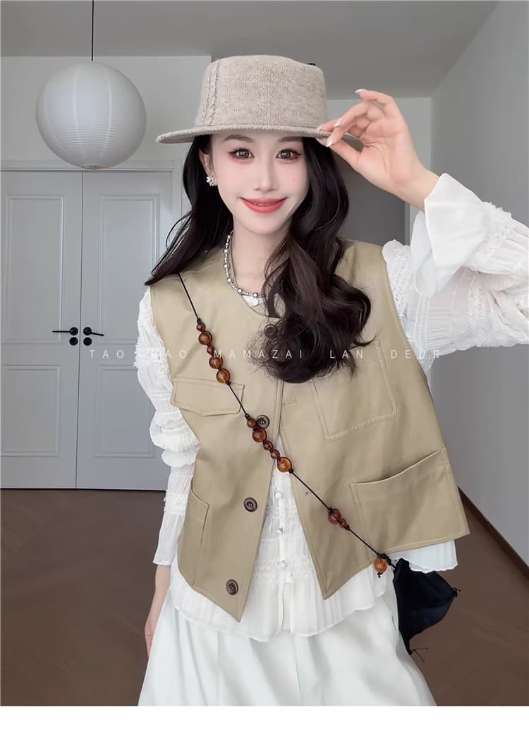 한 부서 쇼트 스타일 패션 라운드 넥 캐주얼 다용도 베스트 맨위 상세 이미지 5