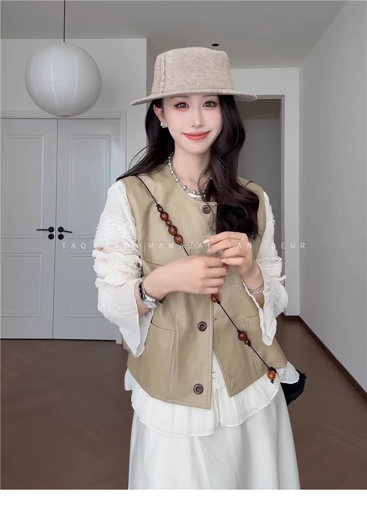 한 부서 쇼트 스타일 패션 라운드 넥 캐주얼 다용도 베스트 맨위 상세 이미지 6