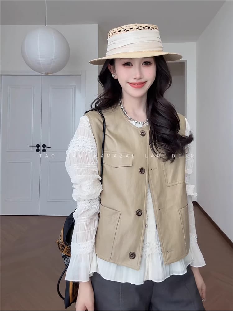 한 부서 쇼트 스타일 패션 라운드 넥 캐주얼 다용도 베스트 맨위 상세 이미지 7