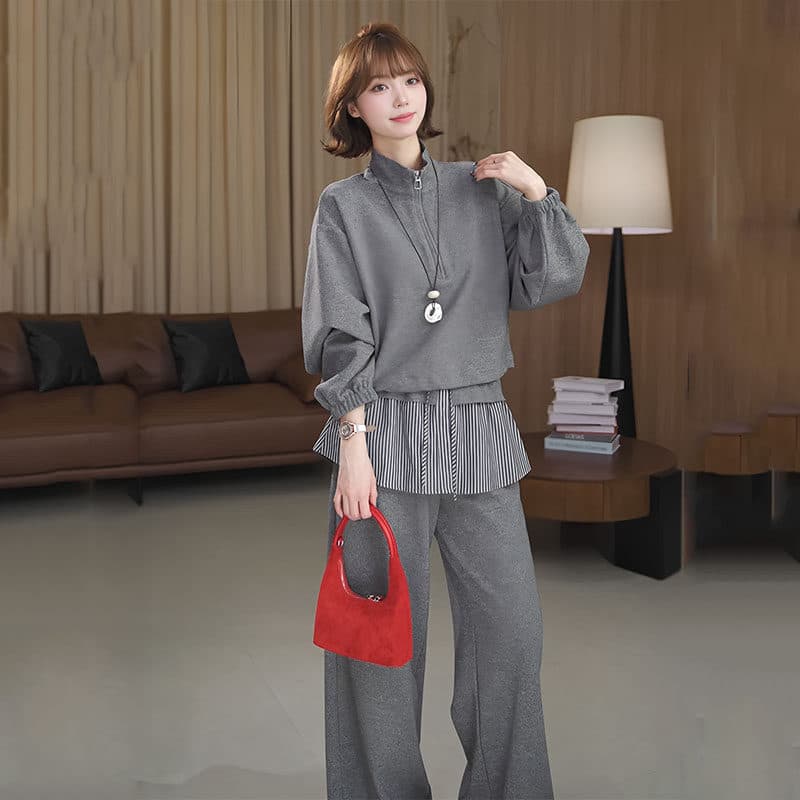 봄 착용 가져 가라. 전체 집합 하프 지퍼 후드티 스트라이프 방귀 커튼 바지 두 조각 여성 세트 빅 사이즈 세트 슬림해 보이는 전체 집합 이미지 4