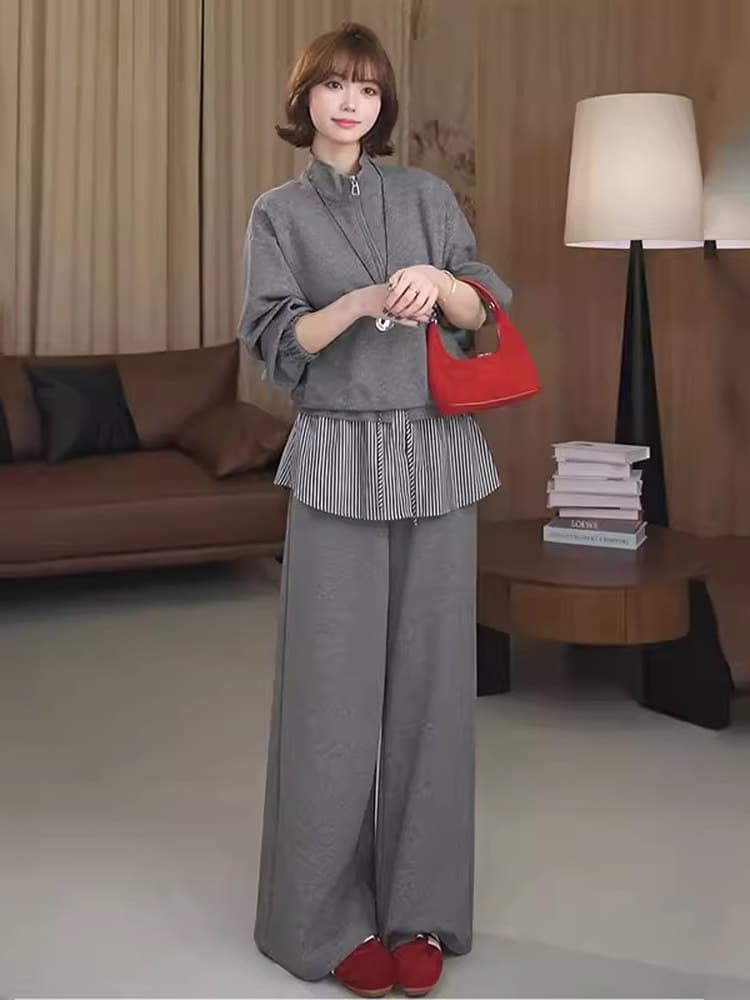 봄 착용 가져 가라. 전체 집합 하프 지퍼 후드티 스트라이프 방귀 커튼 바지 두 조각 여성 세트 빅 사이즈 세트 슬림해 보이는 전체 집합 상세 이미지 6