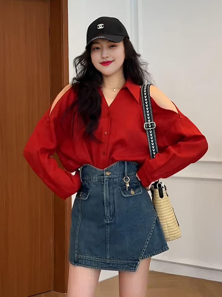 빅 사이즈 항구 바람 레트로 오프숄더 빨간색 여성 셔츠 이른 봄 새로운 지방 mm 고유 한 Chic 아름다운 디자인 센스 맨위 상세 이미지 5