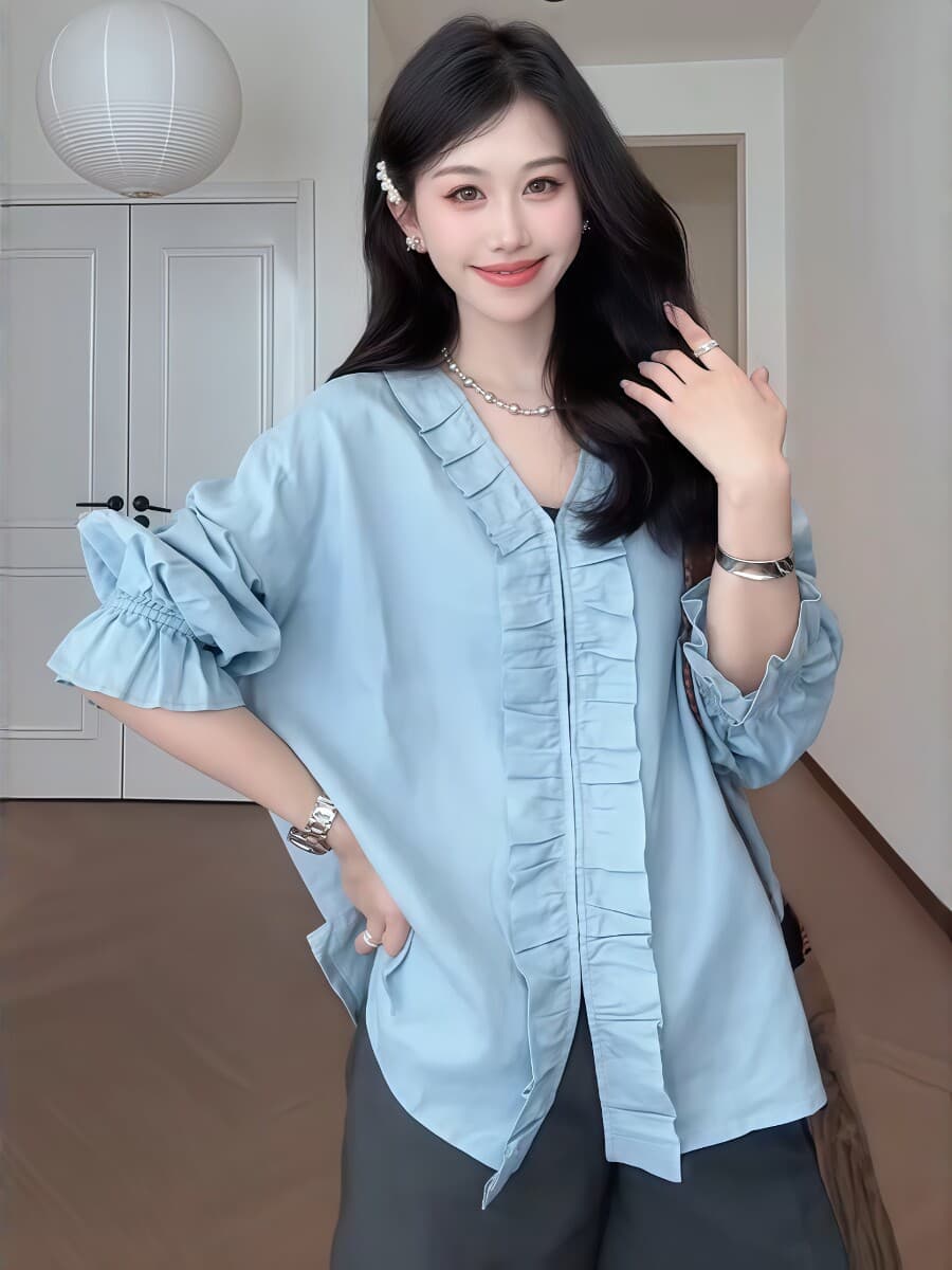 빅 사이즈 여성 의류 프랑스식 파란색 프릴 V넥 여성 셔츠 2026 봄 새로운 지방 mm 긴팔 루즈핏 셔츠 이미지 3