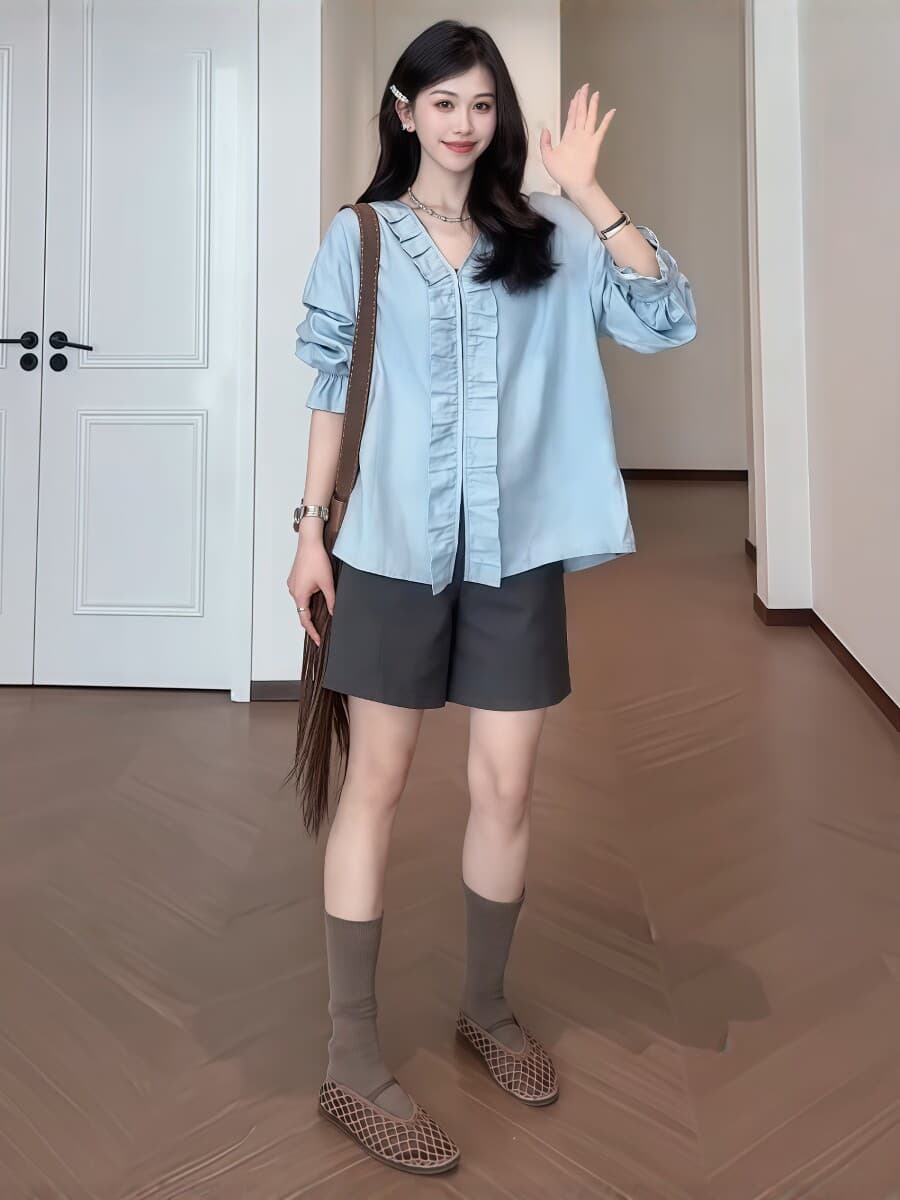 빅 사이즈 여성 의류 프랑스식 파란색 프릴 V넥 여성 셔츠 2026 봄 새로운 지방 mm 긴팔 루즈핏 셔츠 이미지 4