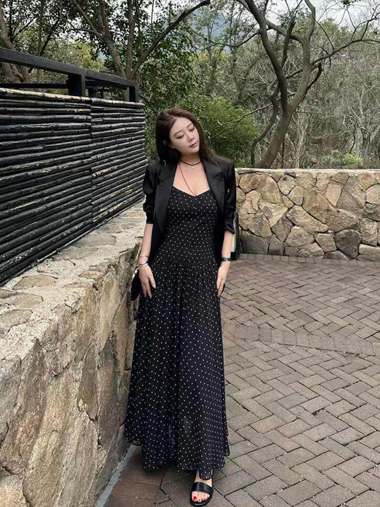 빅 사이즈 여성 의류 프랑스식 레트로 낭만주의 도트 무늬 슬립 드레스 이미지 3