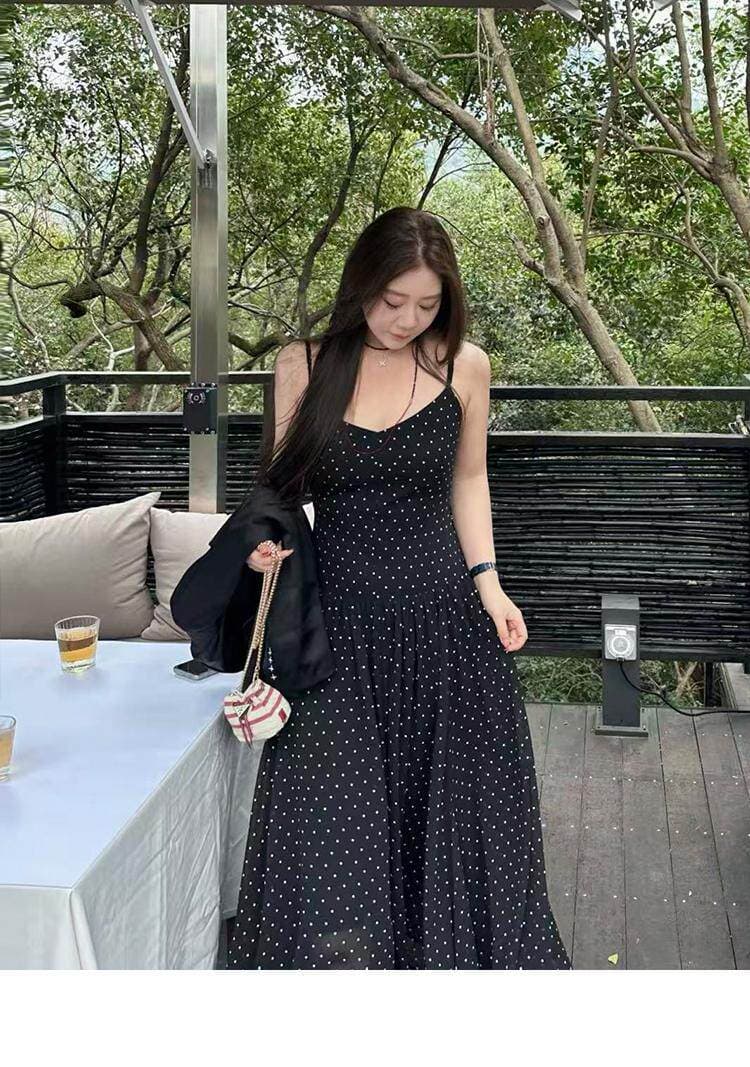 빅 사이즈 여성 의류 프랑스식 레트로 낭만주의 도트 무늬 슬립 드레스 상세 이미지 7