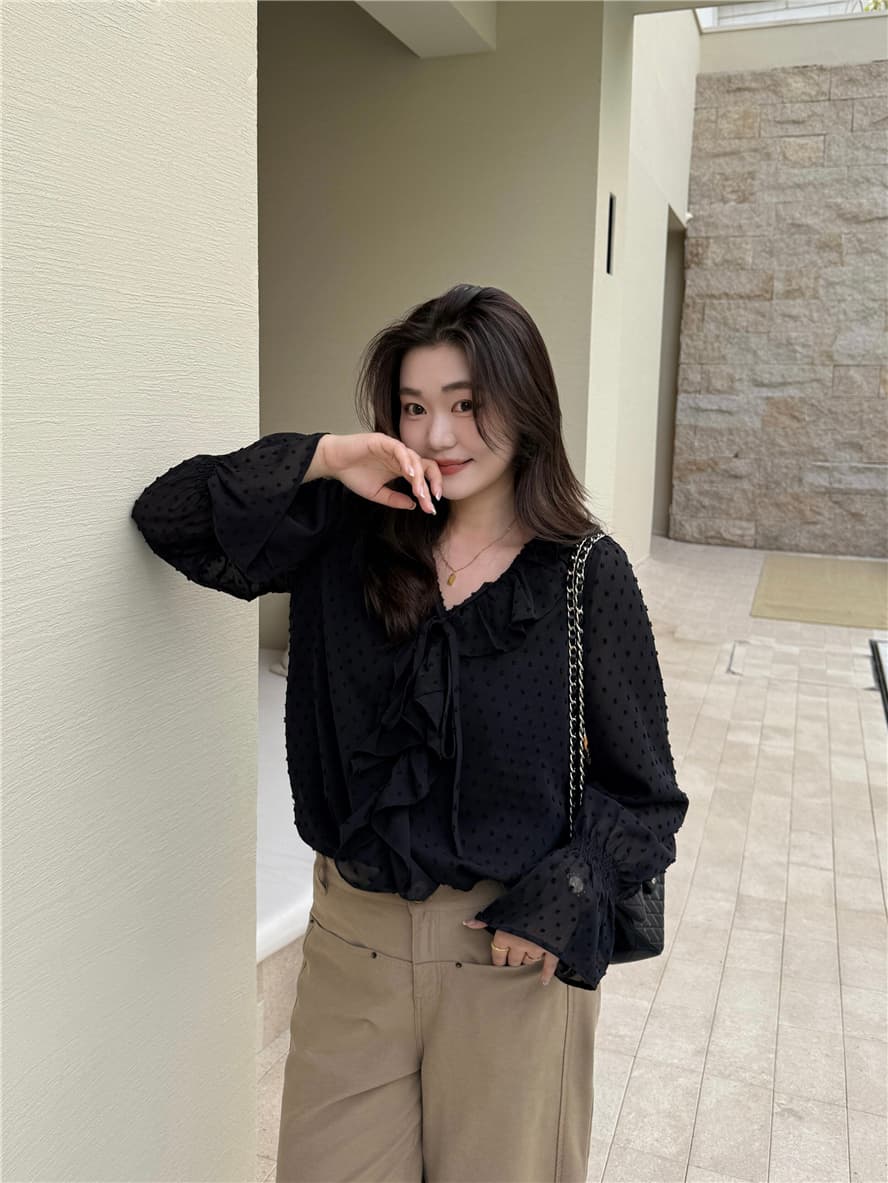대 부드럽게 소스 빅 사이즈 여성 의류 마이크로 지방 자매 mm 도트 무늬 긴팔 여성 셔츠 프랑스식 품격 V넥 프릴 맨위 이미지 5