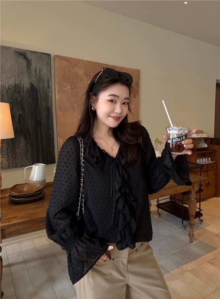 대 부드럽게 소스 빅 사이즈 여성 의류 마이크로 지방 자매 mm 도트 무늬 긴팔 여성 셔츠 프랑스식 품격 V넥 프릴 맨위 상세 이미지 3