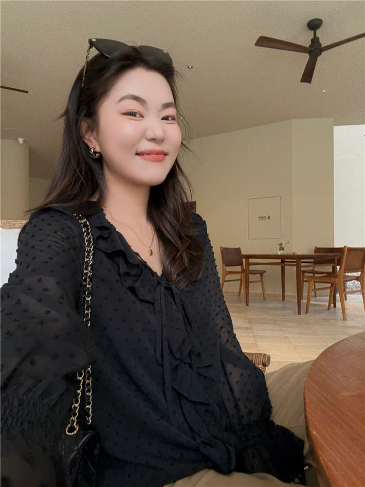 대 부드럽게 소스 빅 사이즈 여성 의류 마이크로 지방 자매 mm 도트 무늬 긴팔 여성 셔츠 프랑스식 품격 V넥 프릴 맨위 상세 이미지 4