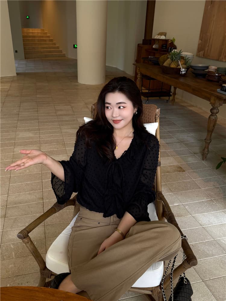 대 부드럽게 소스 빅 사이즈 여성 의류 마이크로 지방 자매 mm 도트 무늬 긴팔 여성 셔츠 프랑스식 품격 V넥 프릴 맨위 상세 이미지 7