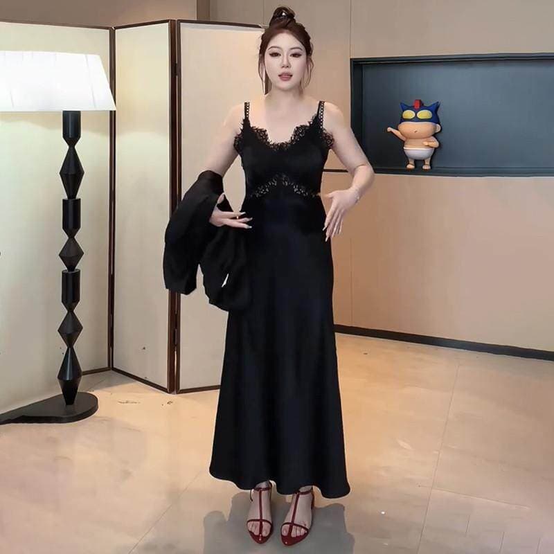 빅 사이즈 여성 의류 지방 mm 고급 센스 레이스 조각 슬립 드레스 2026 여름 품격 슬림해 보이는 표지 고기 롱 스커트 이미지 2